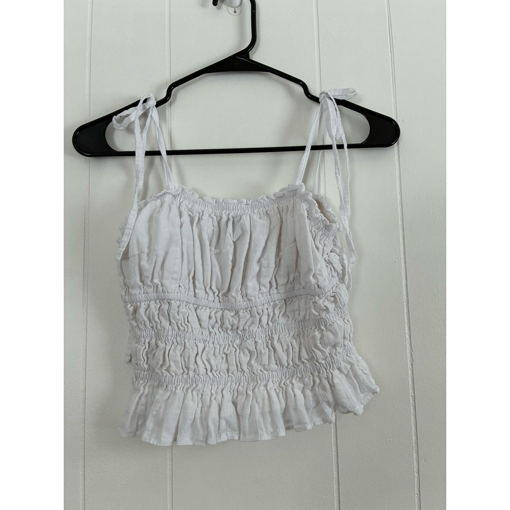 Kittenish‎ Smocked Ruffle Crop Top White XS Tie Shoulder